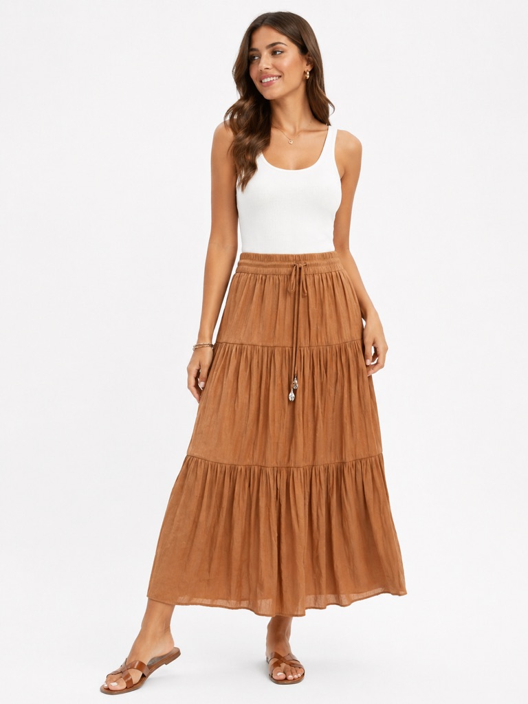 Joie Tiered Midi Skirt Brown Satin Elastic Waist Shell Tassels Size S